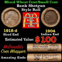 Small Cent Mixed Roll Orig Brandt McDonalds Wrapper, 1918-d Lincoln Wheat end, 1904 Indian other end