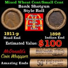 Small Cent Mixed Roll Orig Brandt McDonalds Wrapper, 1911-p Lincoln Wheat end, 1898 Indian other end