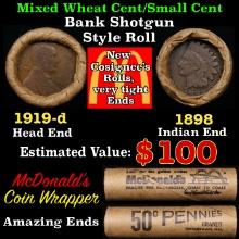 Small Cent Mixed Roll Orig Brandt McDonalds Wrapper, 1919-s Lincoln Wheat end, 1898 Indian other end