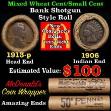 Small Cent Mixed Roll Orig Brandt McDonalds Wrapper, 1913-p Lincoln Wheat end, 1906 Indian other end