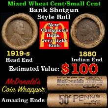 Small Cent Mixed Roll Orig Brandt McDonalds Wrapper, 1919-s Lincoln Wheat end, 1880 Indian other end