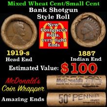 Small Cent Mixed Roll Orig Brandt McDonalds Wrapper, 1919-s Lincoln Wheat end, 1887 Indian other end