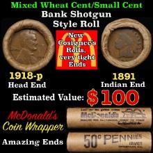 Small Cent Mixed Roll Orig Brandt McDonalds Wrapper, 1918-p Lincoln Wheat end, 1891 Indian other end