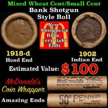 Small Cent Mixed Roll Orig Brandt McDonalds Wrapper, 1918-d Lincoln Wheat end, 1902 Indian other end