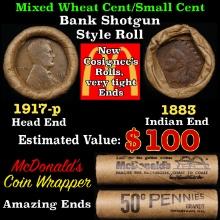 Small Cent Mixed Roll Orig Brandt McDonalds Wrapper, 1917-p Lincoln Wheat end, 1883 Indian other end