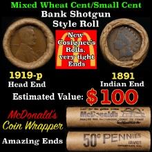 Small Cent Mixed Roll Orig Brandt McDonalds Wrapper, 1919-p Lincoln Wheat end, 1891 Indian other end