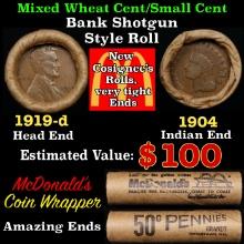 Small Cent Mixed Roll Orig Brandt McDonalds Wrapper, 1919-d Lincoln Wheat end, 1904 Indian other end