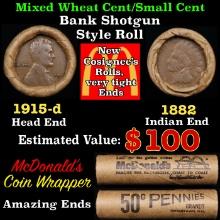 Small Cent Mixed Roll Orig Brandt McDonalds Wrapper, 1915-d Lincoln Wheat end, 1882 Indian other end