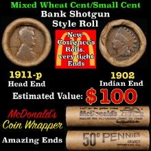 Small Cent Mixed Roll Orig Brandt McDonalds Wrapper, 1911-p Lincoln Wheat end, 1902 Indian other end