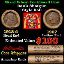 Lincoln Wheat Cent 1c Mixed Roll Orig Brandt McDonalds Wrapper, 1918-d end, 1907 Indian other end