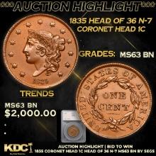 ***Auction Highlight*** 1835 Coronet Head Large Cent Head of 36 N-7 1c Graded ms63 bn By SEGS (fc)