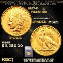***Auction Highlight*** 1907-p Gold Indian Eagle $10 Graded ms65 By SEGS (fc)