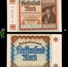 1922 Weimar Germany 5000 Marks Hyperinflation Banknote P# 81a, Watermark G/D in Stars Grades Choice