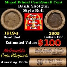 Small Cent Mixed Roll Orig Brandt McDonalds Wrapper, 1919-s Lincoln Wheat end, 1905 Indian other end