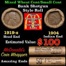 Small Cent Mixed Roll Orig Brandt McDonalds Wrapper, 1919-s Lincoln Wheat end, 1904 Indian other end