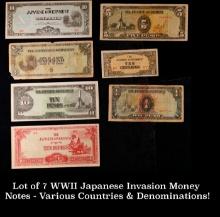 Lot of 7 WWII Japanese Invasion Money Notes - Various Countries & Denominations! Grades