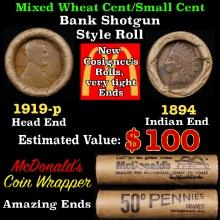 Small Cent Mixed Roll Orig Brandt McDonalds Wrapper, 1919-p Lincoln Wheat end, 1894 Indian other end