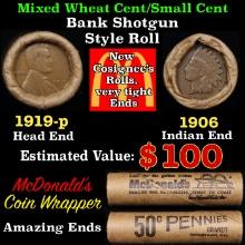 Small Cent Mixed Roll Orig Brandt McDonalds Wrapper, 1919-p Lincoln Wheat end, 1906 Indian other end