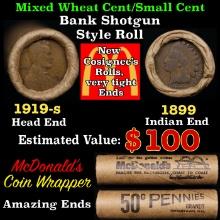 Small Cent Mixed Roll Orig Brandt McDonalds Wrapper, 1919-s Lincoln Wheat end, 1899 Indian other end