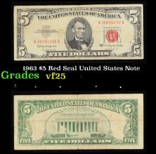 1963 $5 Red Seal United States Note Grades vf+