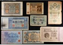 Lot of Nine 1908 to 1923 German and Russian Banknotes, Various Denominations Grades vf-au