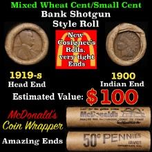 Small Cent Mixed Roll Orig Brandt McDonalds Wrapper, 1919-s Lincoln Wheat end, 1900 Indian other end