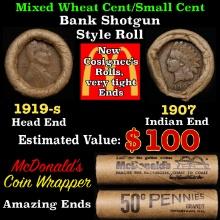 Small Cent Mixed Roll Orig Brandt McDonalds Wrapper, 1919-s Lincoln Wheat end, 1907 Indian other end