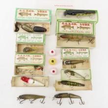 Vintage Creek Chub & other lures in boxes