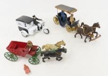 2 Cast Iron Horse Drawn Wagons & Motorcycle Cart