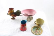 J Chein Tin Dishes & Tin Rooster Pulling Cart
