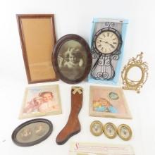 Antique pictures, sock stretcher, clock and more