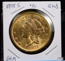 1875-S $20 Gold Liberty Type 2 GEM UNC