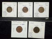 5 Indian Head Cents VG-VF