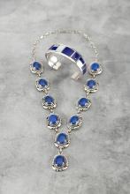 Beautiful 2-piece Native American matched Lapis and Pearl colored Necklace and Cuff Set. Maker marke