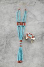 Beautiful Native American 2-piece Necklace and Cuff consisting of  turquoise, coral, mother of pearl