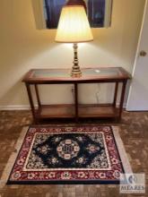 Entrance Table with Glass Top, Brass Touch Lamp and Rug