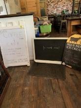 White Board Sign, Chalkboard Sign, Inside Coffee Bar, & a Tin Blue Bell Sign