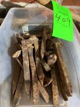 Old Railroad Spikes & Box of Hand Tools