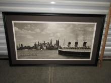 Framed Queen Elizabeth Steam Ship Entering Manhatten In 1957 Photo Print (LOCAL PICK UP ONLY)