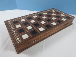 Beautiful Marquetry Inlay Chess/Checker Folding Board w/Storage Space + Chess Pieces