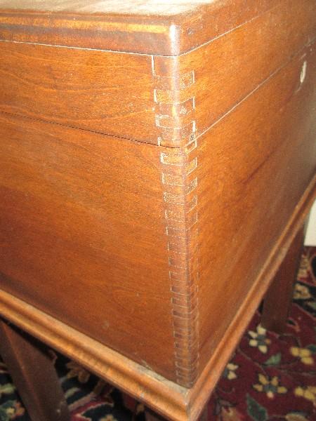 2pc Early Mahogany Dovetail Diminutive Sugar Chest w/Hinged Storage Lid on Stand