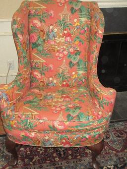 Refined Queen Anne Style Wingback Chair on Mahogany Legs w/Chinoiserie Courtyard Scene