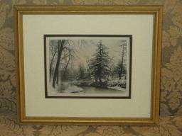Black/White Fine Art Print Titled "The Old Bridge" Winter Stream Landscape Scene Gilt Frame