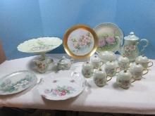 Lot Porcelain/Ceramic 21pc Tea Set,Large Pedestal Desert/Cake Plate,2pc Egg Shape Trinket Dish