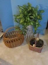 Lot Rattan White Wash 21" Conical Shape Plant Stand, Basket w/ Pine Cones & Large Gathering