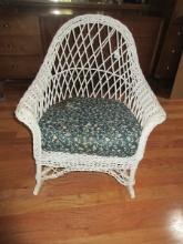 White Wicker Arched Back Rocking Chair w/Upholstered Padded Seat - 33 1/2" x 26 1/2"
