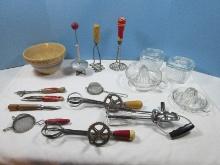 Lot Vintage Wooden Handle Kitchen Utensils Beaters, Mashers, Glass Juicers, Early Yellowware