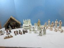 Nativity Collection Vintage Creche w/Attached Figurines, 9pc Porcelain Gilt Trim, 12 Ceramic