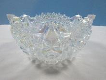 Striking LE Smith White Carnival Glass 7 1/2" Iridescent Console Bowl Comet in The Stars Pattern