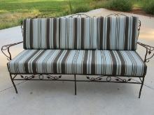 Vintage Brown Wrought Iron Patio Sofa Scrollwork & Foliage Design & New Cushions- 72 1/2"L